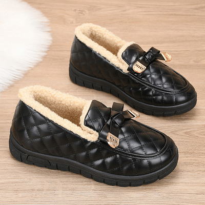 冬季老北京棉鞋女加绒保暖妈妈鞋棉靴皮面加厚防滑女士豆豆鞋平底