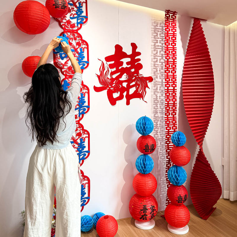 婚房布置套装结婚男女方长条喜字挂饰金鱼红蓝色锦鲤装饰婚礼订婚