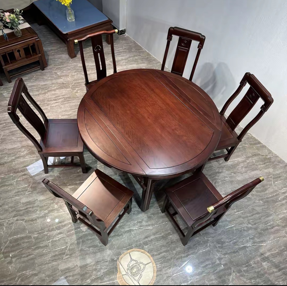 新中式格木实木餐桌椅组合可伸缩折叠现代跳台家用圆形餐桌饭桌椅