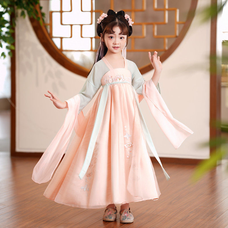 汉服女童春装齐胸襦裙新款超仙小女孩中国风唐古装表演刺绣连衣裙