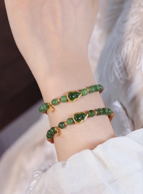 足金葫芦天然碧玉山檀手串古法银手链生日礼物送闺蜜女友高级感