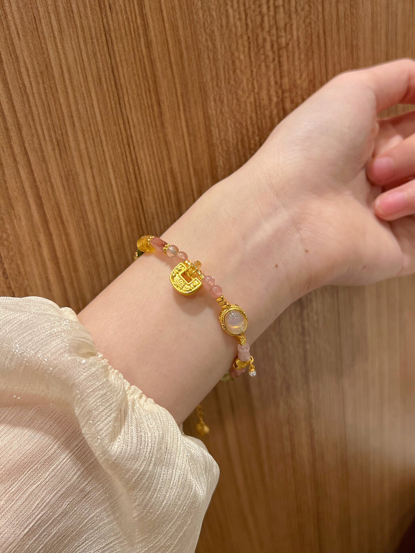 足金999小金锁手串马卡拉碧玺手链生日礼物送女友闺蜜高级感