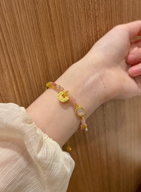 足金999小金锁手串马卡拉碧玺手链生日礼物送女友闺蜜高级感