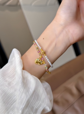 足金点钻小象珍珠手链天然碧玺手串生日礼物送女友闺蜜高级感显白