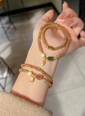 足金小方牌貔貅碧玺手串18k金手链和田玉生日日礼物送女友高级感