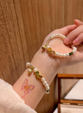 足金蝴蝶碧玺手链天然珍珠手串生日礼物送女友闺蜜高级感叠戴显白