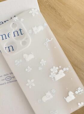 kiki白日梦原创/蓝色磨砂透明小猫韩系小花氛围感适用苹果iphone1415promax可爱手机磨砂透明壳软壳