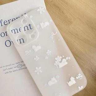 kiki白日梦原创 蓝色磨砂透明小猫韩系小花氛围感适用苹果iphone1415promax可爱手机磨砂透明壳软壳