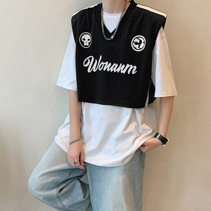 美式街头嘻哈半身马甲男2023夏季潮牌个性潮流V领宽松外搭背心潮