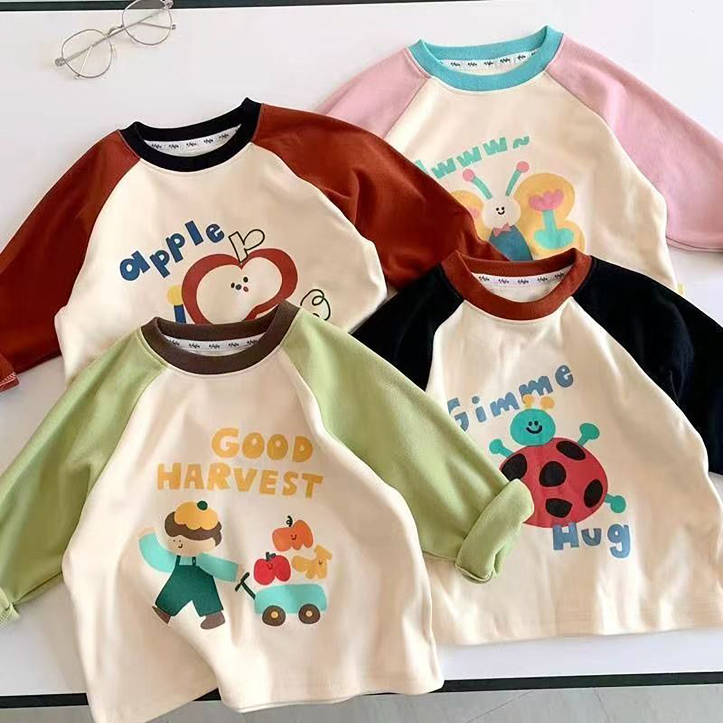 秋冬拼色圆领女童长袖洋气体恤