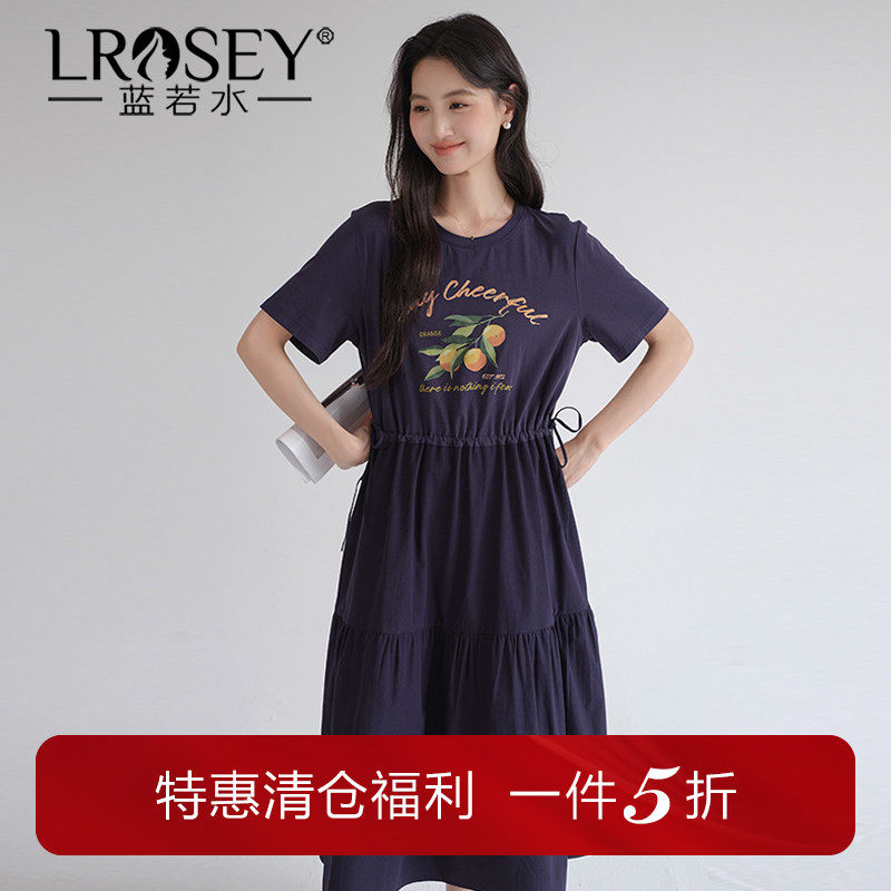 蓝若水大码女装设计感抽绳收腰印花连衣裙胖mm夏装休闲时尚T恤裙