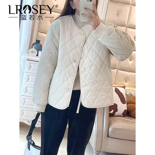 新款 蓝若水大码 菱格保暖棉服冬季 韩版 宽松遮肚胖mm夹棉外套 女装
