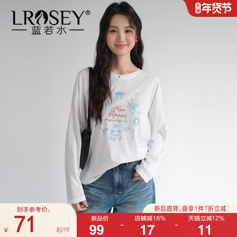 【韩系甜美印花T恤】蓝若水大码2026春装新款休闲内搭长袖上衣ins,女装/女士精品,大码内搭,淘宝优惠券,粉丝福利购,淘宝优惠卷