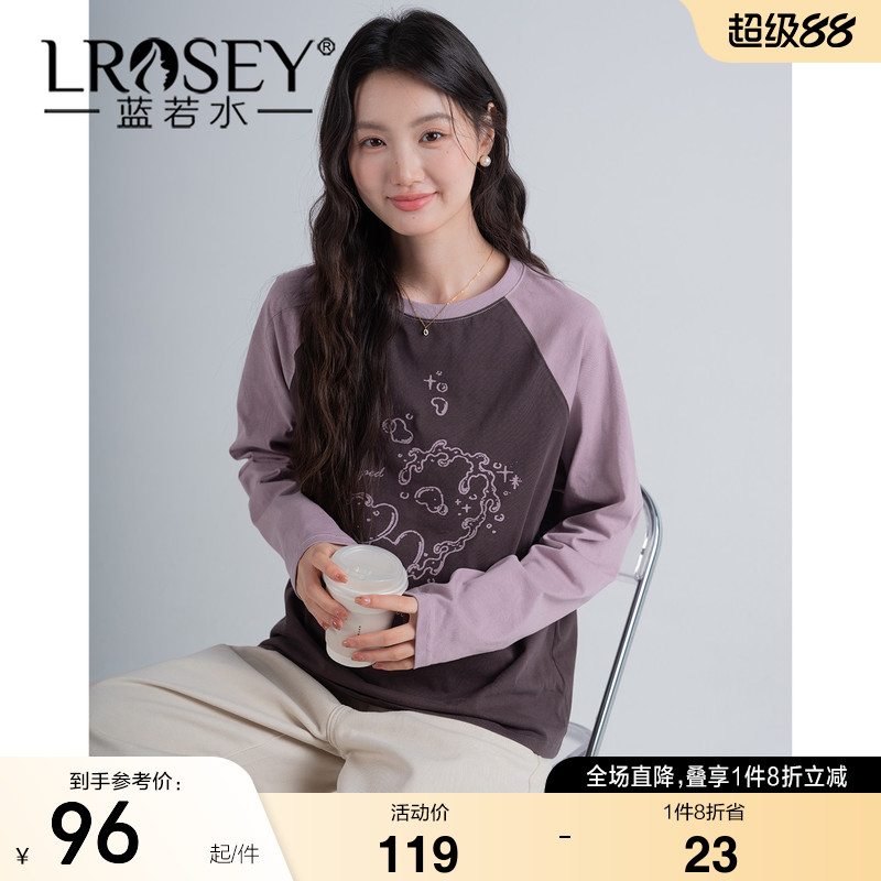 蓝若水大码女装2026秋装新款撞色插肩袖印花T恤胖MM宽松显瘦上衣