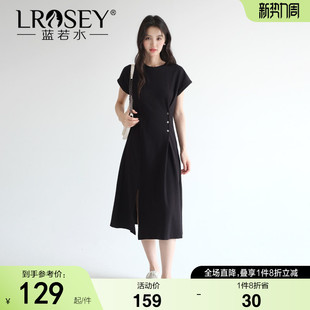 新款 夏装 蓝若水大码 别致T恤连衣裙女 纽扣可开收腰开叉小黑裙