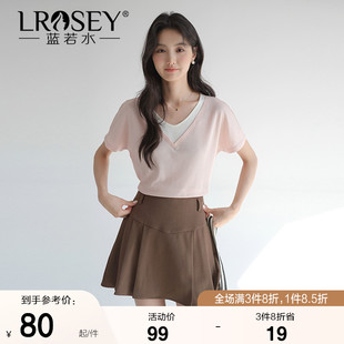 胖MM巨显瘦甜美上衣 蓝若水大码 女装 拼接假两件V领T恤2025夏装 新款