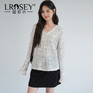 蓝若水大码女装2026春季新款V领晕染打底衫气质喇叭袖显瘦上衣