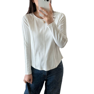 蓝若水大码女装设计感百搭坑条内搭收腰T恤胖mm春装显瘦打底上衣