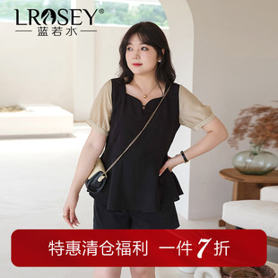衬衫 蓝若水大码 气质收腰显瘦法式 假两件别致方领上衣胖MM夏装 女装