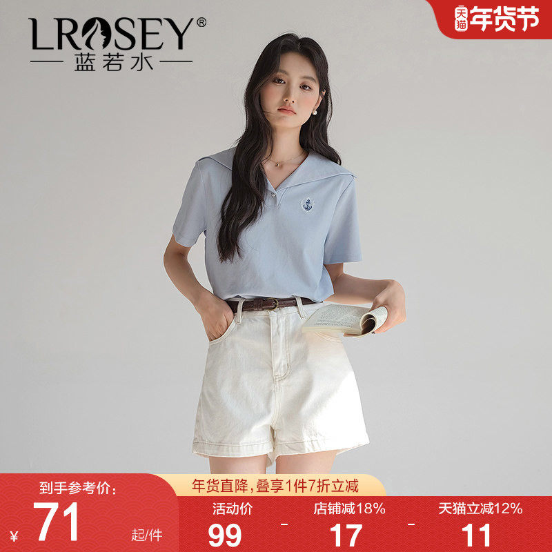 【珠地棉海军领T恤】蓝若水大码2026夏装新款休闲减龄刺绣上衣女,女装/女士精品,大码内搭,淘宝优惠券,粉丝福利购,淘宝优惠卷