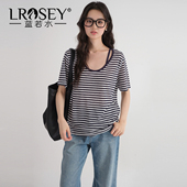 蓝若水大码 假两件条纹U领上衣胖MM慵懒遮肚子T恤 新款 女装 2026夏装