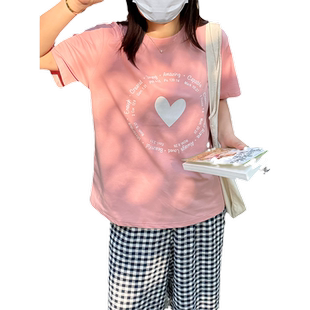 蓝若水大码女装爱心字母印花T恤夏季新品胖mm显瘦宽松时尚上衣潮