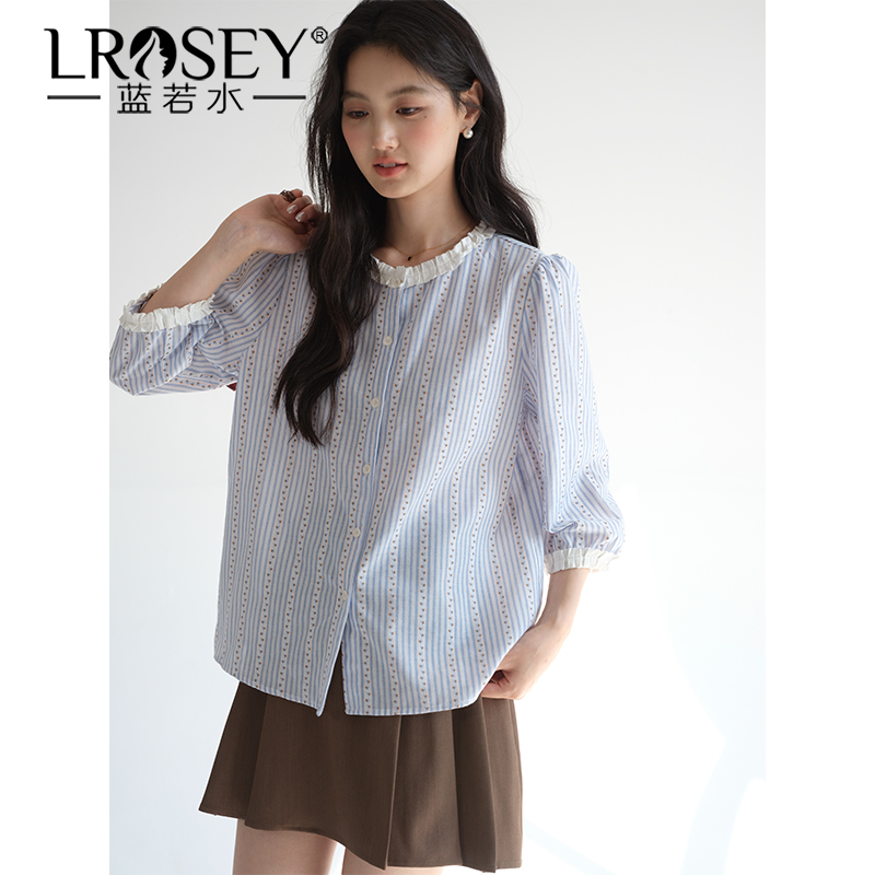 蓝若水大码女装条纹碎花七分袖上衣2025夏装新款胖MM拼接花边衬衫
