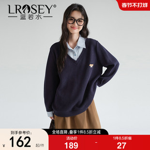 蓝若水大码女装胖mm假两件条纹翻领学院风卫衣春季新款宽松针织衫