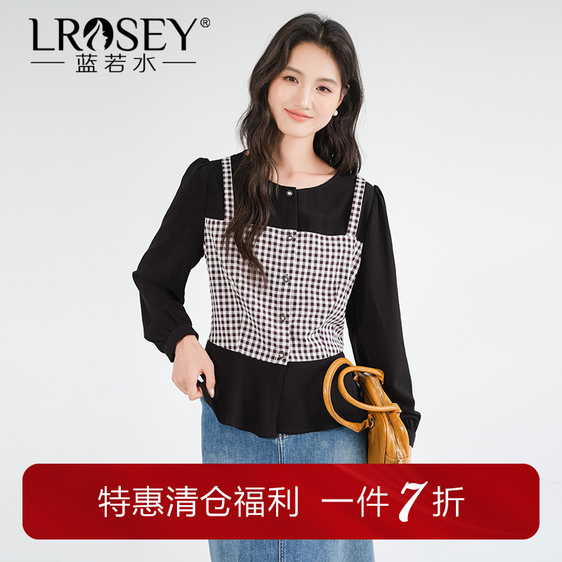 蓝若水假两件格纹衬衫显瘦上衣