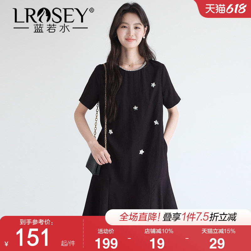 【重工钉珠圆领连衣裙】蓝若水大码2026夏新款立体花朵亮片小黑裙
