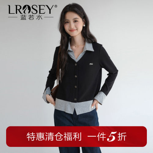 蓝若水假两件翻领上衣显瘦别致