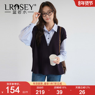 【层次感衬衫马甲假两件】蓝若水大码2026春新款减龄叠穿条纹上衣