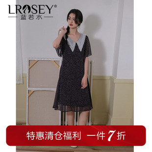 新品 胖mm蕾丝翻领碎花连衣裙夏季 显瘦雪纺淑女中裙 女装 蓝若水大码