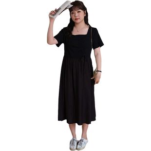 蓝若水大码女装赫本风气质小黑裙胖mm夏装显瘦长款连衣裙