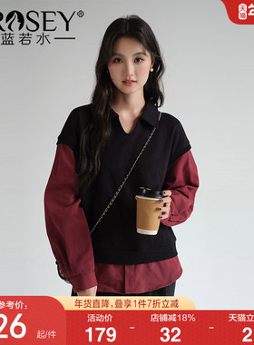 蓝若水大码女装针织假两件叠穿衬衫卫衣2026春装新款宽松减龄上衣