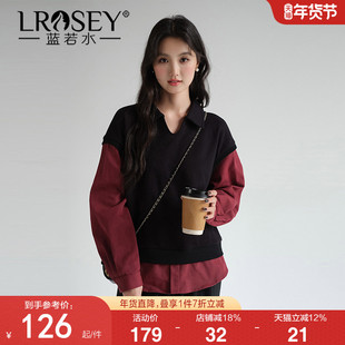 蓝若水大码女装针织假两件叠穿衬衫卫衣2026春装新款宽松减龄上衣