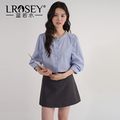 胖MM七分袖 蓝若水大码 条纹上衣 新款 钉珠亮片圆领衬衫 女装 2026夏装