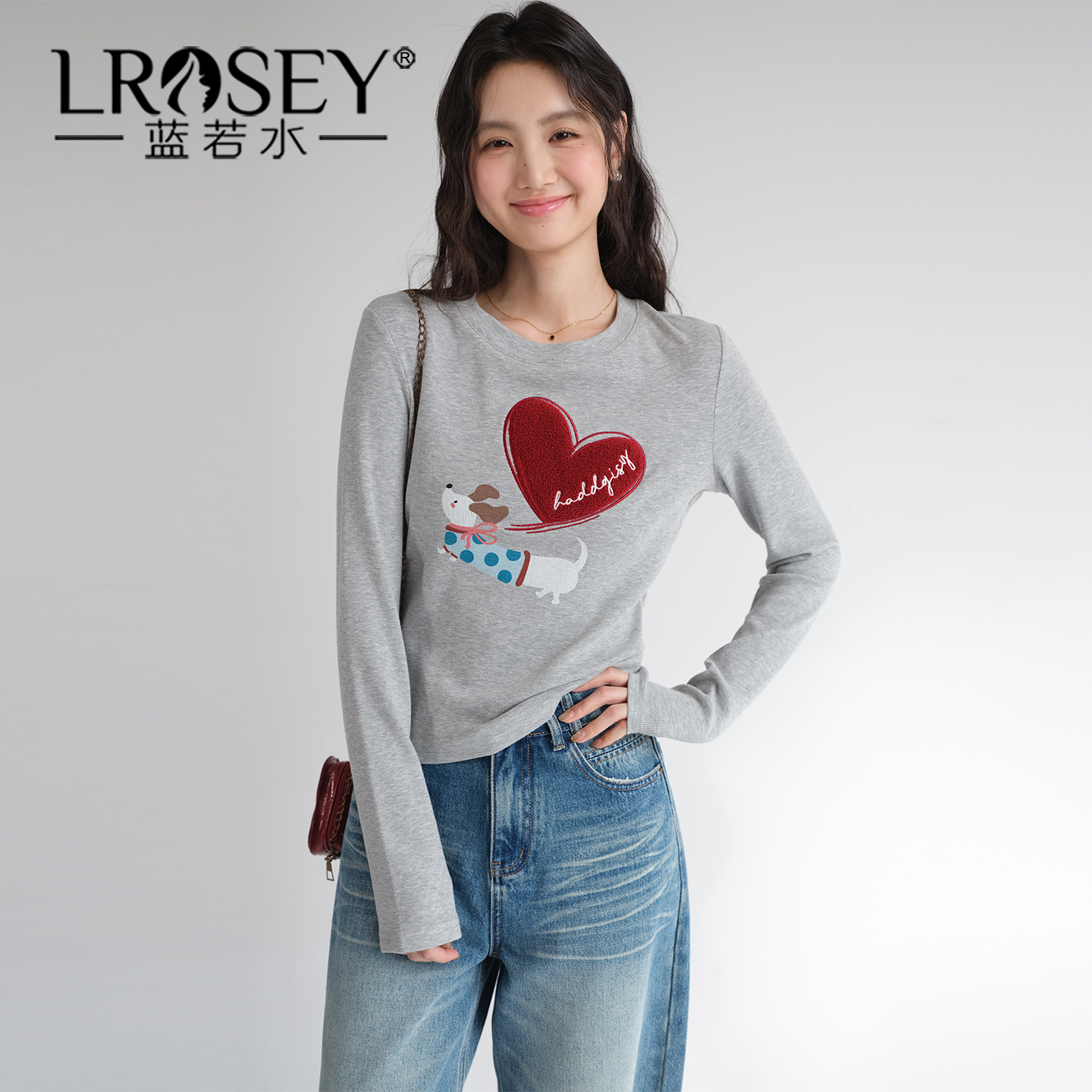 蓝若水美式复古正肩印花显瘦上衣