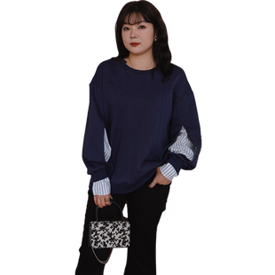 蓝若水大码女装条纹拼接小众宽松卫衣胖MM春装显瘦遮肉上衣