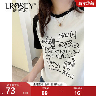 休闲显瘦美式 蓝若水大码 小狗印花t恤胖mm夏装 撞色插肩袖 上衣 女装