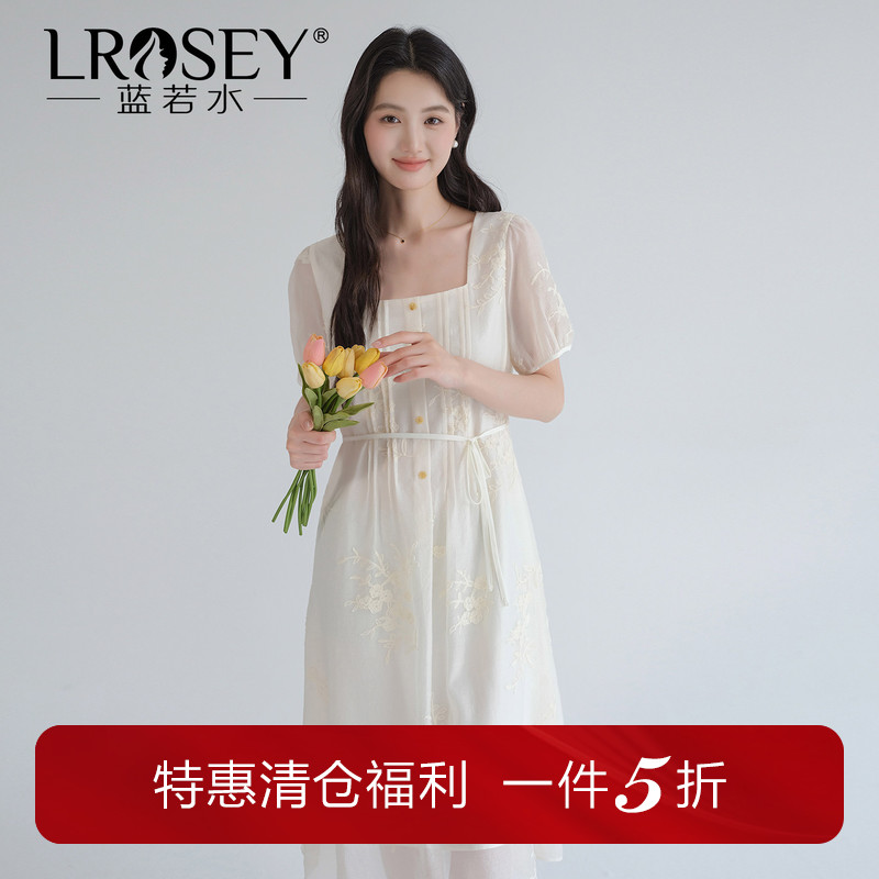 蓝若水法式设计感方领显瘦连衣裙图片