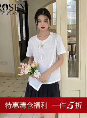 蓝若水大码女装设计感不规则上衣胖mm夏装显瘦系带镂空T恤