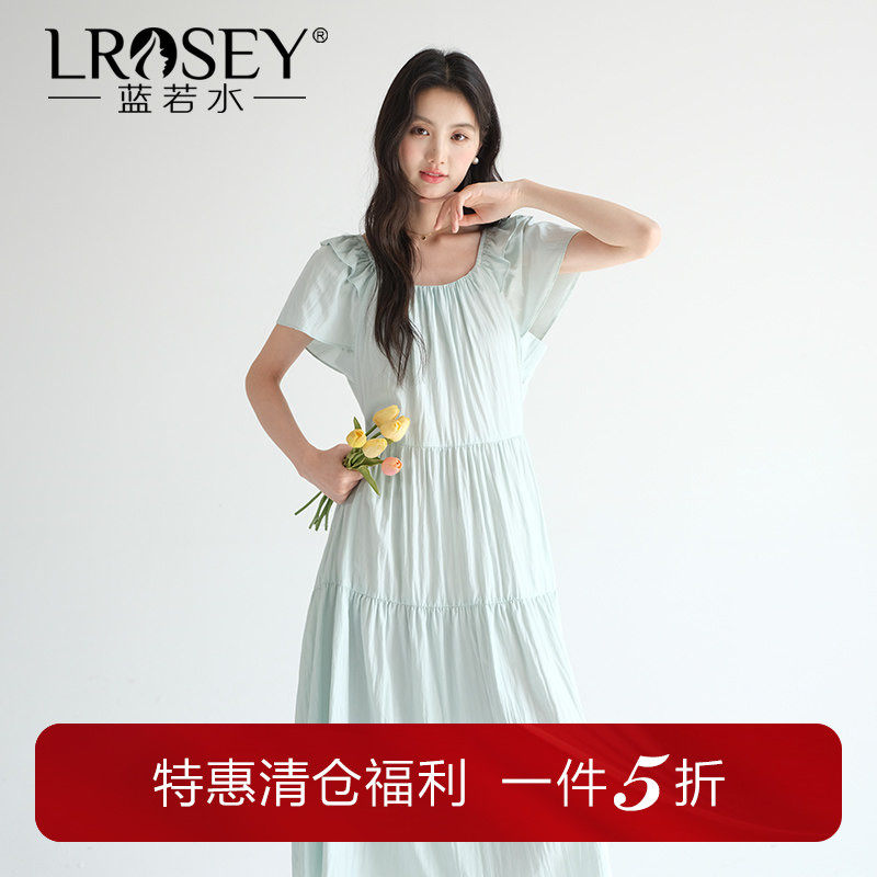 【优雅高腰方领露背连衣裙】蓝若水大码2026夏新款设计感褶皱长裙