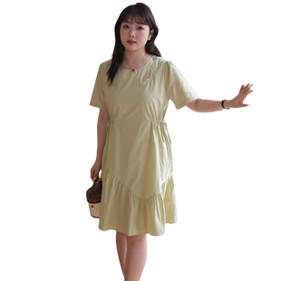蓝若水大码女装设计感抽绳中裙胖mm夏装新品减龄小清新收腰连衣裙