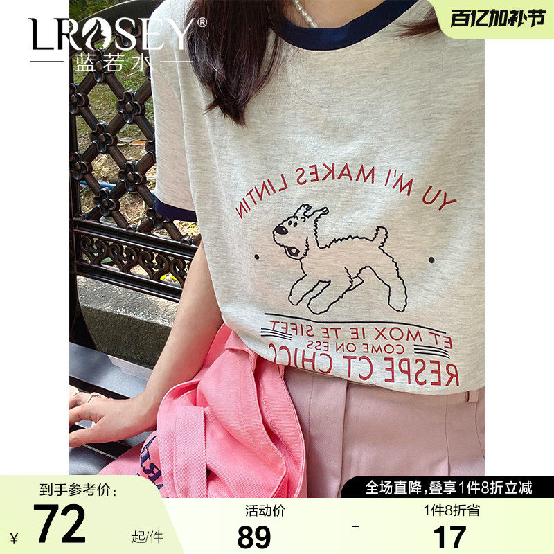 蓝若水大码女装撞色日系卡通印花上衣胖mm夏装休闲显瘦短袖T恤ins