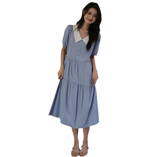 蓝若水大码女装法式V领高腰显瘦连衣裙夏季新品胖mm轻熟风a字长裙