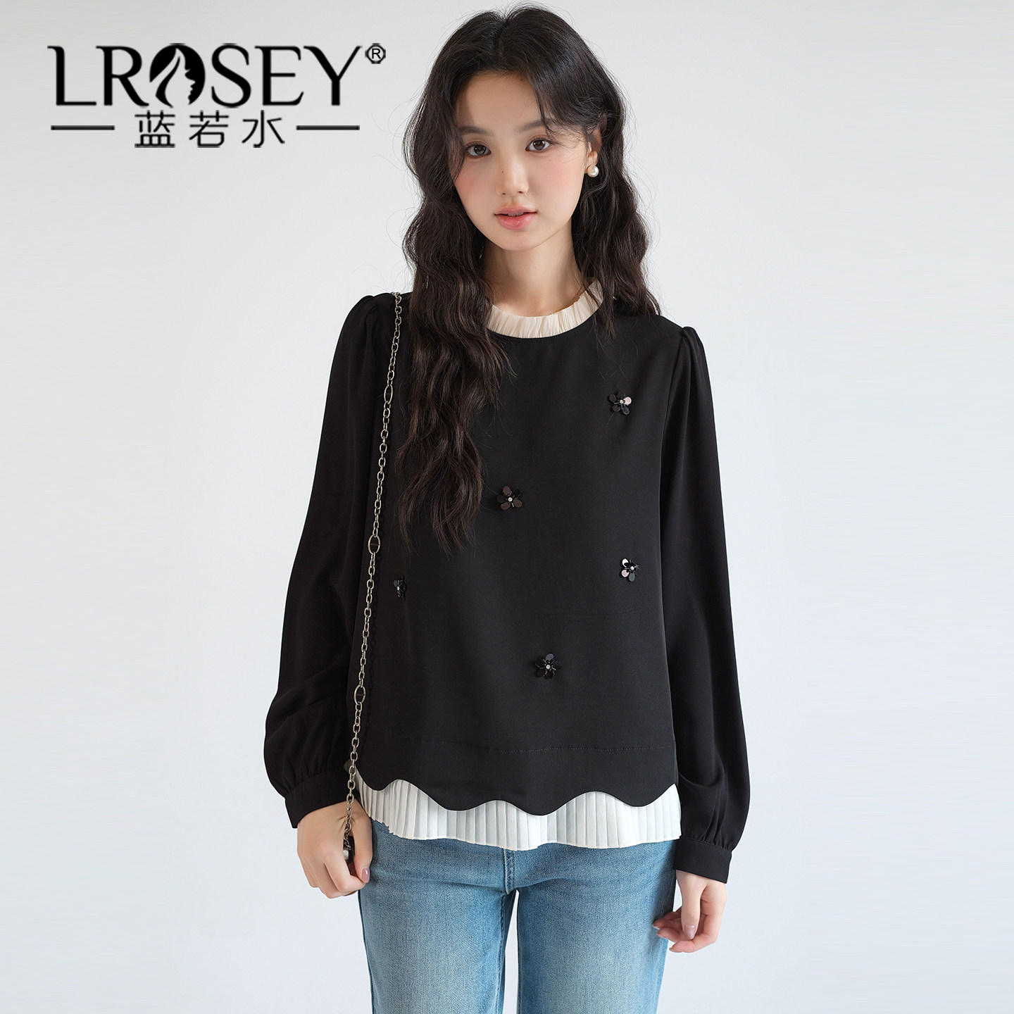 【立体钉珠亮片衬衫】蓝若水大码2026春装新款假两件荷叶花边上衣,女装/女士精品,大码内搭,淘宝优惠券,粉丝福利购,淘宝优惠卷