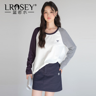 拼色条纹插肩长袖 新款 T恤 2026春装 舒适冰瓷棉上衣 蓝若水大码