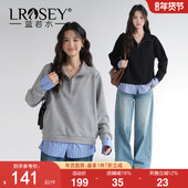 卫衣休闲时尚 蓝若水大码 新款 韩系拼接条纹假两件衬衫 女装 2026春装