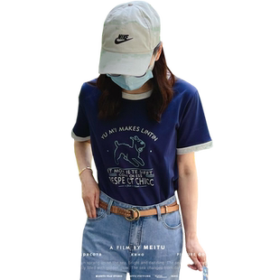 蓝若水大码女装撞色日系卡通印花上衣胖mm夏装休闲显瘦短袖T恤ins